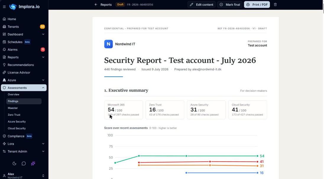 Implora Document: branded Microsoft 365 security report with executive summary and assessment scores