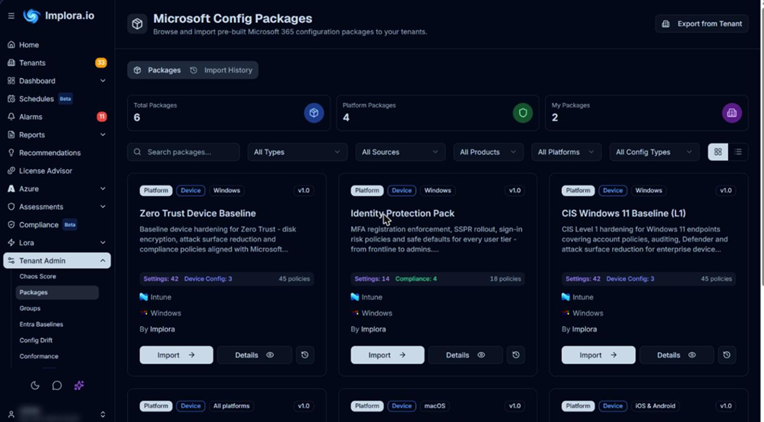 Implora Manage: Microsoft 365 config packages with Zero Trust, Identity Protection, and CIS baselines ready to deploy